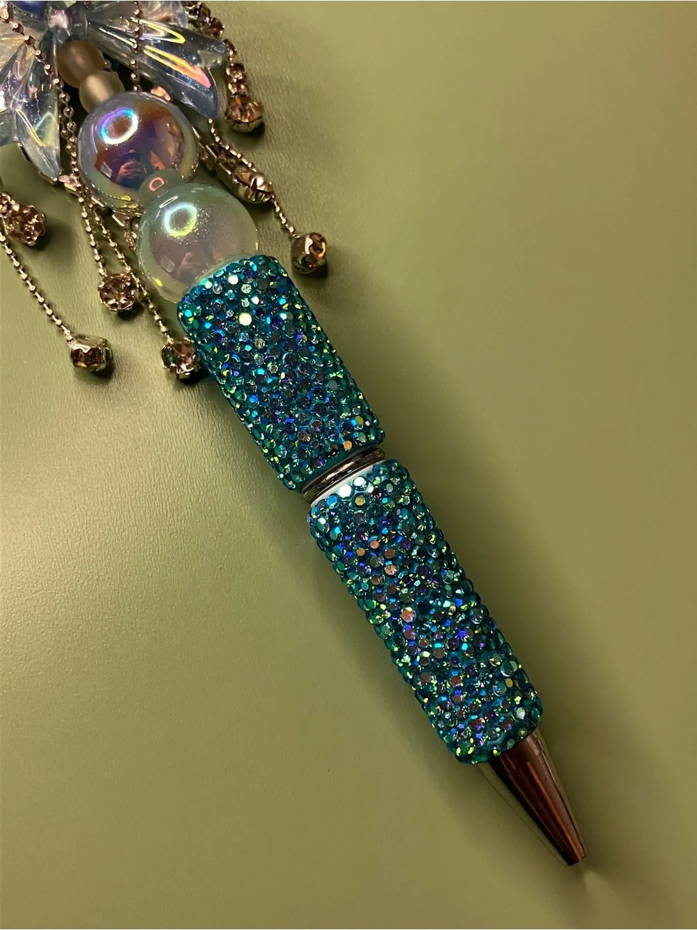 Keeno Angel with Fancy Rhinestone Dangle Bow Handmade Beaded Pen